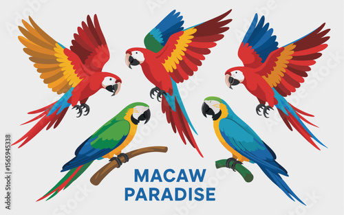 Colorful Macaw Paradise Vibrant Illustration of Scarlet, BlueandGold, and Green Macaws on Branches and in Flight