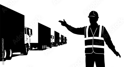 Traffic controller directing a line of delivery trucks.