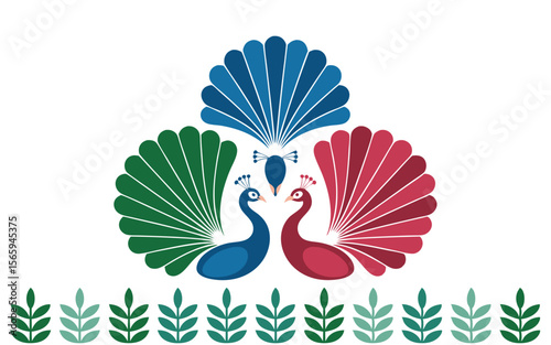 Colorful Peacock Trio with Leafy Border on White Background Design