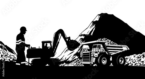 Excavator loading ore into a dump truck at a mining site, worker overseeing operation.