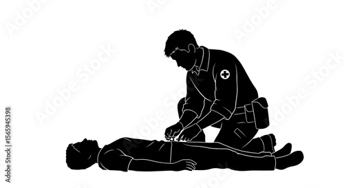 First responder kneeling and performing CPR on a person lying on their back.