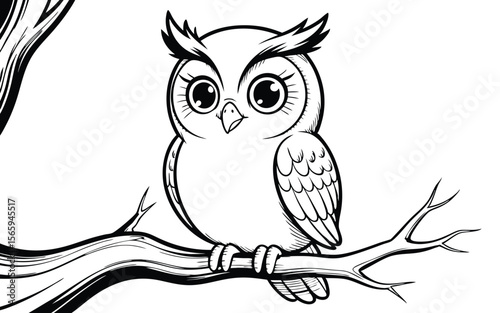 Cute Cartoon Owl with Big Eyes Perched on Tree Branch Black and White