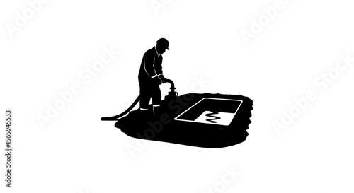 Silhouette of a worker using a pump to empty a container, possibly sewage or waste, on a white background.