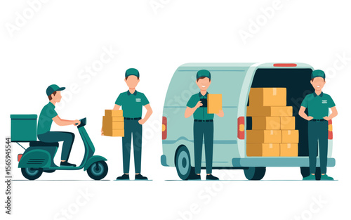 Delivery Team Unloading Packages from Van and Scooter, Wearing Uniforms, Isolated on White