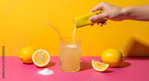 A Burst of Citrus: Vibrant Lemonade Preparation with a Golden Backdrop, Zesty Lemonade Creation: Hand Pouring Packet into Glass on a Cheerful Yellow and Pink Scene