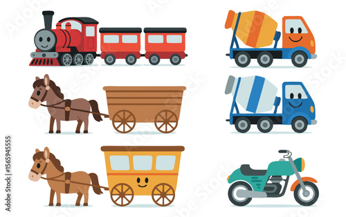 Cute Cartoon Transportation Set Train, HorseDrawn Carriage, Concrete Mixer Trucks, and Motorcycle Illustration on White