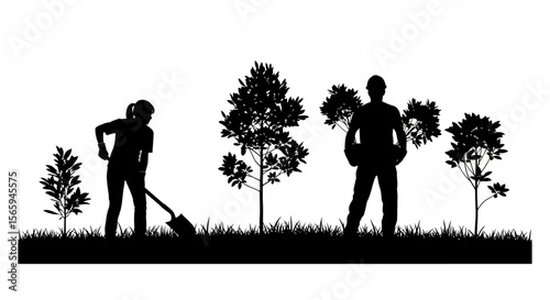 Silhouette of a woman digging with a shovel and a man carrying saplings, planting trees in a field.