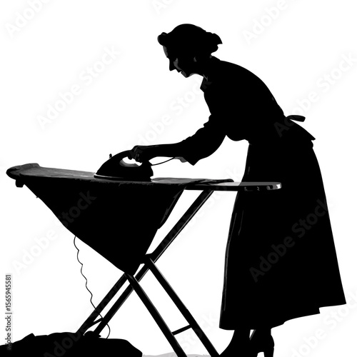 Woman Silhouette Ironing Clothes Black and White vector 6