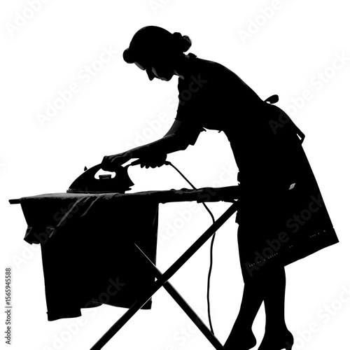 Woman Silhouette Ironing Clothes Black and White vector 7