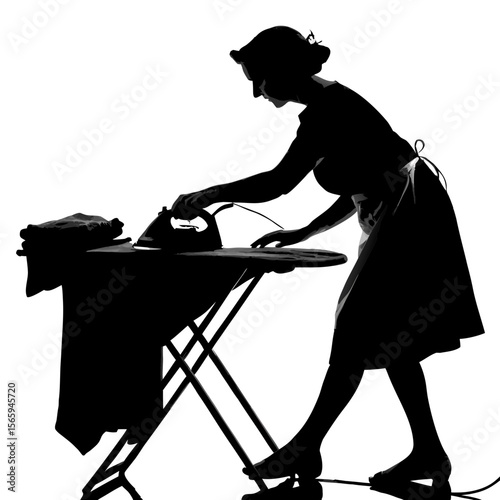 Woman Silhouette Ironing Clothes Household Chores Black and White