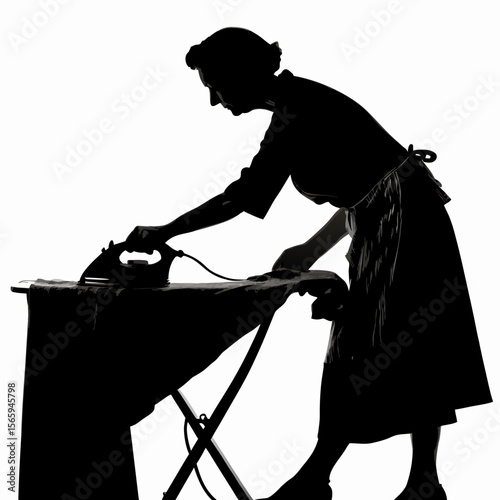 Woman Silhouette Ironing Clothes on Board ironing board