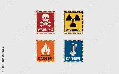 Four Square Warning Signs Skull and Crossbones, Radiation, Fire, and Temperature Hazard Icons
