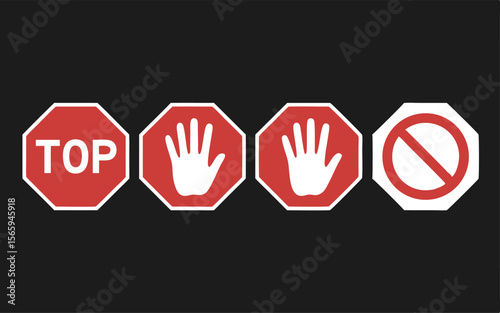 Four Red and White Signs Top, Hand, Hand, and Forbidden Symbols on Black