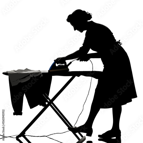 Woman Silhouette Ironing Clothes on Ironing Board vector