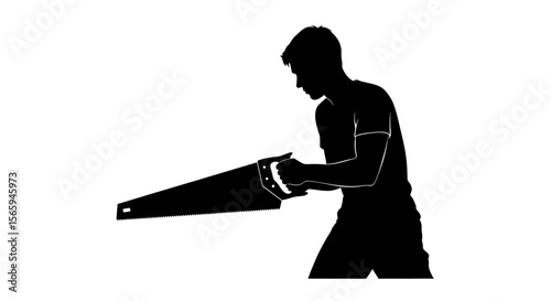 Silhouette of a person sawing wood with a hand saw, isolated.