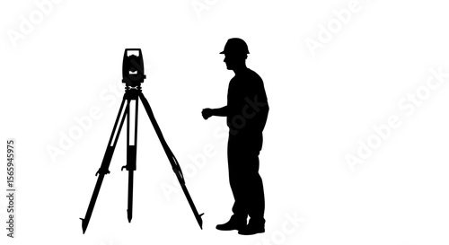 Silhouette of a surveyor operating surveying equipment on a tripod.