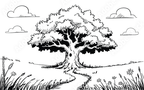 HandDrawn Illustration of Solitary Tree Surrounded by Grass, Flowers, and Clouds on White Background