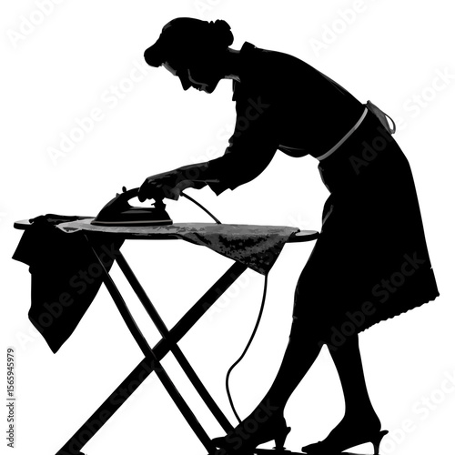 Woman Silhouette Ironing Clothes Vintage Style Black and White 2