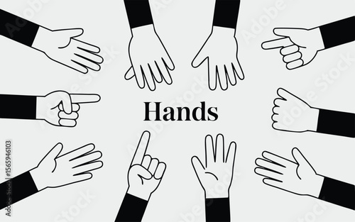 Illustrated Hands Pointing, Reaching, and Open in a Circle Around The Word Hands