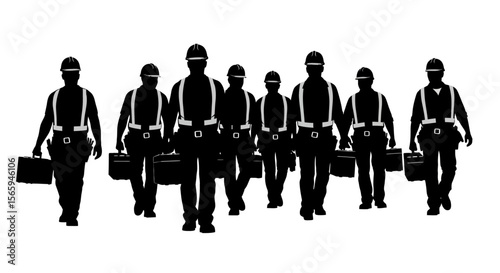 Team of Construction Workers Walking Silhouettes