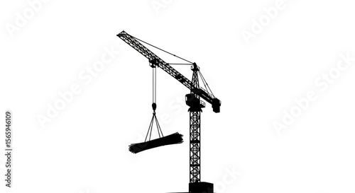 Silhouette of a construction crane lifting a large cylindrical object against a white background.