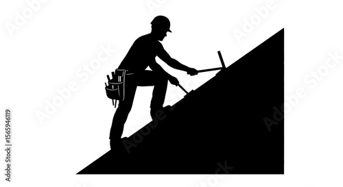 Silhouette of a construction worker ascending a steep roof, using tools.