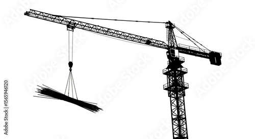 Tower crane silhouette lifting steel beams against a white background, construction, industry, heavy lifting.