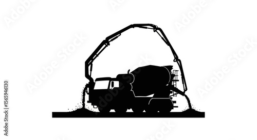 Silhouette of a concrete mixer truck with an extended boom, depicted in black against a white background.