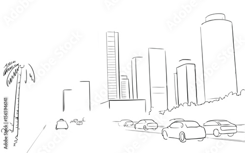 Illustrated Cityscape with Cars on Freeway, Palm Tree Silhouette and Modern Architecture