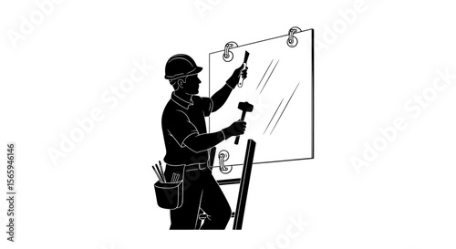 A construction worker installs a large pane of glass using a hammer and tools while standing on a ladder.