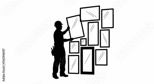 Silhouette of a construction worker installing mirrors on a wall.