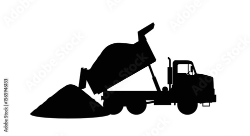 Silhouette of a dump truck unloading a pile of material.