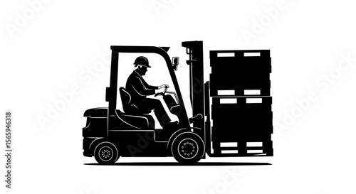 Silhouette of a worker operating a forklift, lifting a stack of pallets.