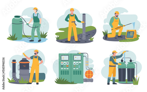 Illustration Water Treatment Plant Technicians Working on Equipment for Water Purification and Filtration Processes