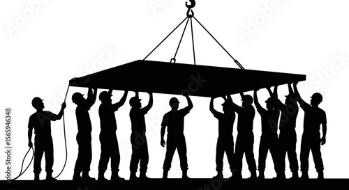 Construction workers lifting a large slab with a crane.