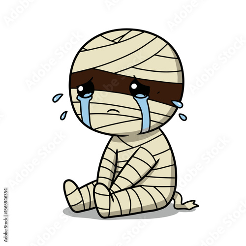 Black-and-white line art of a cartoon mummy with bandages wrapped around its body, sitting with teary eyes and arms resting on its knees—capturing a mix of spooky and emotional charm.