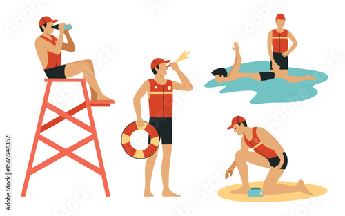 Lifeguards in Action Illustration Featuring Vigilant Watch, Rescue Signal, Swimming Assistance, and Beachside Surveillance