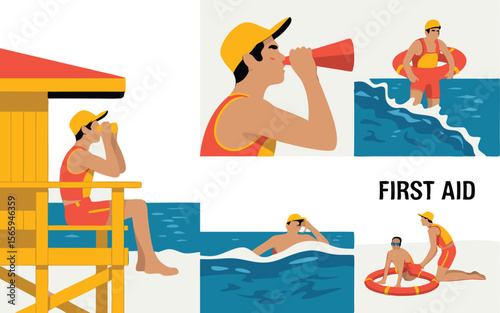 Lifeguard Scenes On Duty, Giving Aid, and Observing from Tower Near Water Illustration