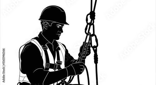 Silhouette of a construction worker wearing a safety harness and helmet, working with ropes and carabiners.