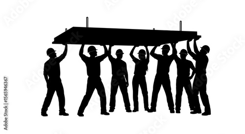 Construction workers lifting a large ceiling panel together in silhouette.