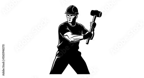 A strong construction worker powerfully wields a sledgehammer, ready for action.