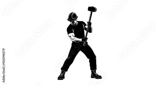 Silhouette of a construction worker swinging a sledgehammer with force.