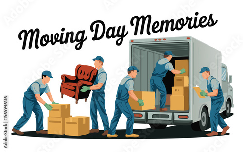 Movers Loading Furniture and Boxes into a Moving Truck on Moving Day Illustration