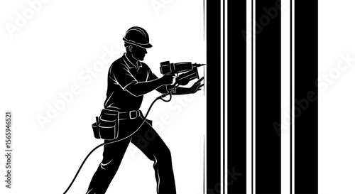 Silhouette of a construction worker using a drill on a wall with vertical stripes.
