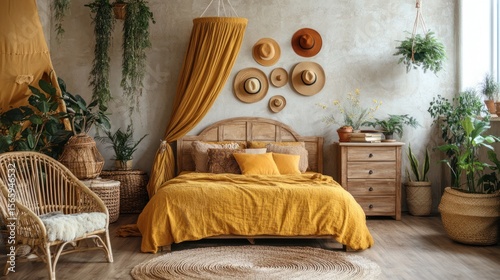 Bohemian bedroom with plants  hats  wicker furniture  and yellow linen bedding