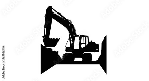 Excavator silhouette digging a trench, heavy machinery at work, construction site illustration.