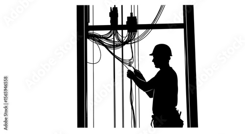Silhouette of an electrician working on a complex electrical system.