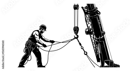 A construction worker operates a heavy-duty hoisting mechanism, carefully maneuvering ropes and cables.
