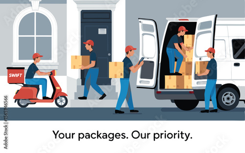 Package Delivery Illustration Swift Courier Service Unloading Boxes From a Van and Scooter, City