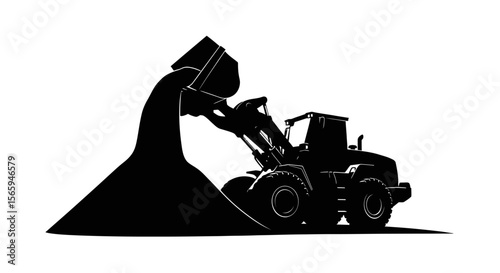 Black silhouette of a loader unloading material into a pile.